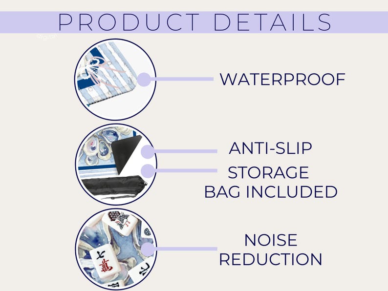 May include: Image showing product details: waterproof, anti-slip, storage bag included, and noise reduction. The product has a blue and white design with text that reads "PRODUCT DETAILS".