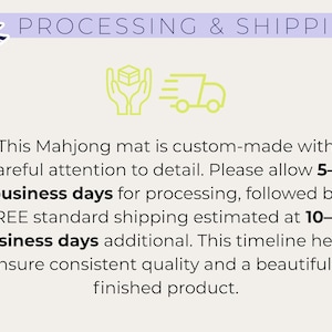 May include: The image displays the text "PROCESSING & SHIPPING" above a description of a custom-made Mahjong mat. The text mentions processing and shipping timelines, along with a graphic of a box being handled and a delivery truck.