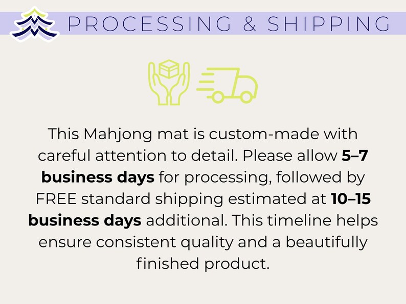 May include: The image displays the text "PROCESSING & SHIPPING" above a description of a custom-made Mahjong mat. The text mentions processing and shipping timelines, along with a graphic of a box being handled and a delivery truck.