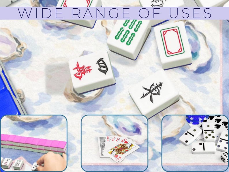 May include: White Mahjong tiles with red, green, and black symbols are scattered on a patterned surface. The image includes the text "WIDE RANGE OF USES". Additional images show playing cards, dominoes, and more Mahjong tiles.