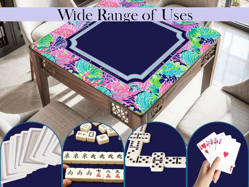 Puede incluir: Una mesa de juego de madera con un centro azul marino y un borde floral colorido. La mesa est&aacute; rodeada de sillas y muestra naipes, domin&oacute;s y fichas de mahjong, con el texto "Wide Range of Uses".