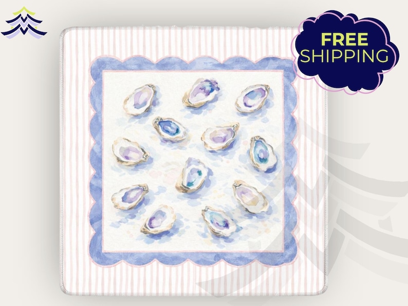 May include: Square decorative tray with a watercolor design of oysters. The tray features a scalloped blue border and a striped pink and white background. The oysters are in shades of purple, blue, and white.