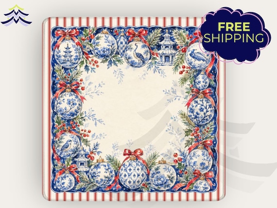 Chinoiserie Christmas Mahjong Mat, Grandmillennial Holiday Mahjong Playing Mat, Blue Toile Mahjong Table Mat, Christmas Mahjong Gift