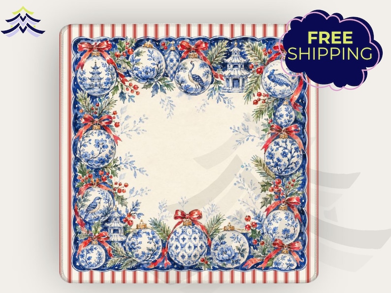 May include: A square decorative plate featuring a border of blue and white chinoiserie-style Christmas ornaments, red ribbons, green pine branches, and red berries. The centre is a solid cream colour, and the outer edge has a red and white striped pattern.