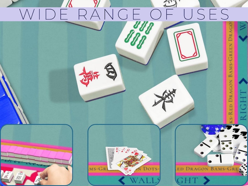 May include: White Mahjong tiles with red and green markings are scattered on a teal surface. The image includes the text "WIDE RANGE OF USES". The tiles are shown with other games like dominoes and playing cards.