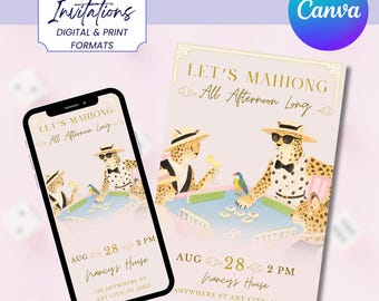 Leopard Editable Mahjong Party Invitation, Printable & Digital Canva Template, Girls Game Night Invite, Mahjong Themed Editable Design