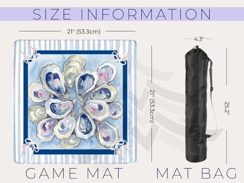 May include: A square game mat with a watercolor oyster design, measuring 21 inches (53.3cm) on each side. The mat features a blue and white striped border and comes with a black mat bag.