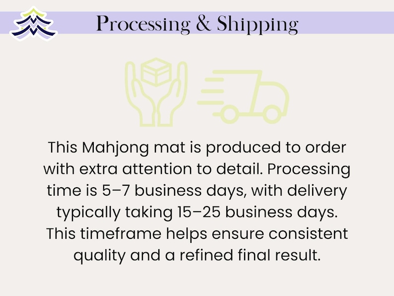 以下が含まれることがあります： 「Processing & Shipping」のテキストと、麻雀マットの製造と納期に関する情報が記載された画像。テキストには、マットは細部までこだわって注文生産されると書かれています。