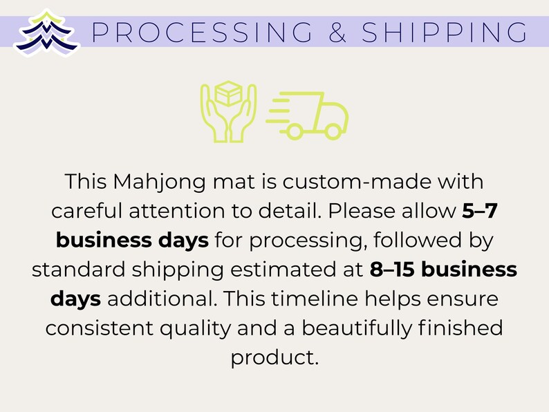 Pu&ograve; includere: Testo su sfondo chiaro con la scritta &laquo;PROCESSING & SHIPPING&raquo;. Sotto, descrive un tappetino Mahjong realizzato su misura, sottolineando l'attenzione ai dettagli. Il testo menziona i tempi di elaborazione e spedizione per garantire la qualit&agrave;.