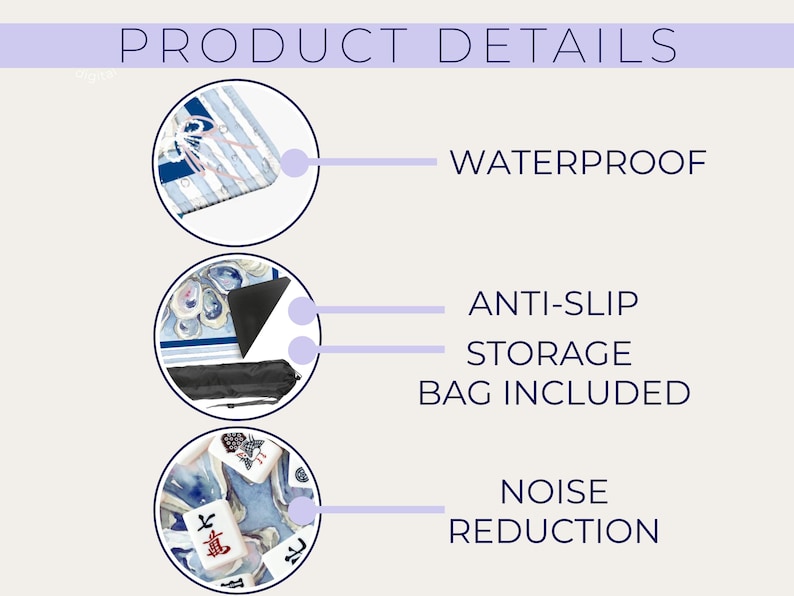 K&ouml;nnte beinhalten: Bild mit Produktdetails: wasserdicht, rutschfest, Aufbewahrungstasche enthalten und Ger&auml;uschreduzierung. Das Produkt hat ein blaues und wei&szlig;es Design mit dem Text "PRODUCT DETAILS".