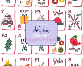 Christmas White Tile Mahjong PNG Bundle | 47 Holiday Mahjong Tile Clipart | 300 DPI Transparent Mahjong Designs for Crafts & Printables