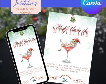Mahj Under the Mistletoe Invitation | Holiday Mahjong Party Template | Editable Canva Christmas Game Night Invite