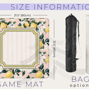 May include: A game mat with a pink background, adorned with lemons and white flowers, measuring 31.5 inches (80cm) square. The mat features a central frame with vertical stripes. A black bag and a white rolled item are shown as options.
