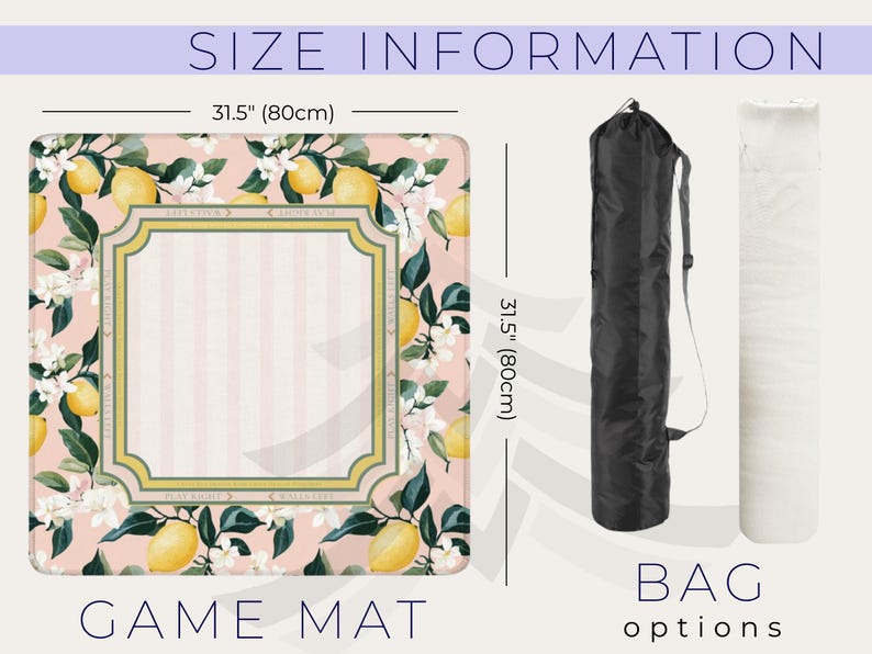 May include: A game mat with a pink background, adorned with lemons and white flowers, measuring 31.5 inches (80cm) square. The mat features a central frame with vertical stripes. A black bag and a white rolled item are shown as options.