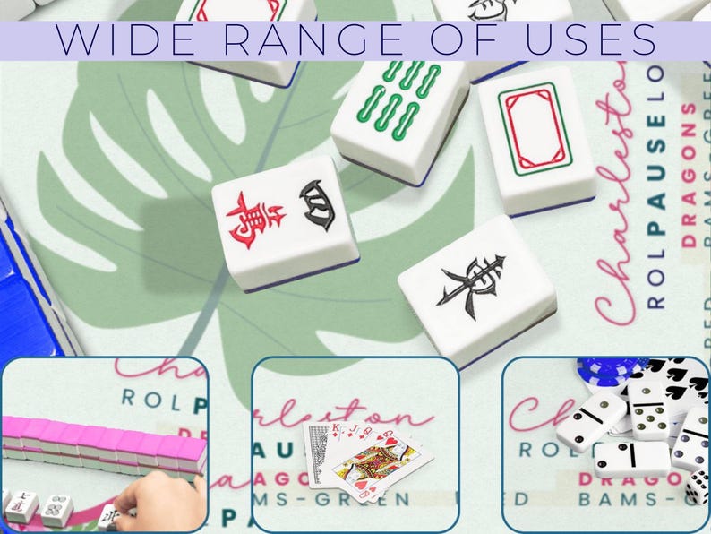 May include: White Mahjong tiles with red, green, and black symbols are displayed on a green leaf-patterned surface. The image includes the text "WIDE RANGE OF USES" and a close-up of playing cards and dominoes.