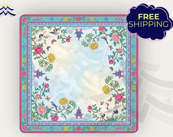 Chinese Garden Mahjong Mat, Crane Floral Mahjong Playing Mat, Colorful Non Slip Table Game Mat