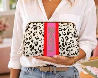 Leopard Mahjong Tile Bag, Pink Stripe Mahj Accessory Case, Mah Jongg Storage Bag, Mahjong Travel Organizer, Tile Pouch Gift for Women
