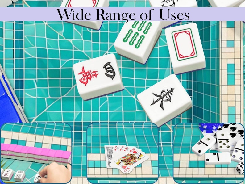 May include: White Mahjong tiles with red, green, and black symbols are displayed on a turquoise tiled surface. The image includes the text "Wide Range of Uses" at the top. Other game pieces, including dominoes and playing cards, are also shown.