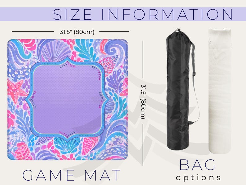 K&ouml;nnte beinhalten: Ein quadratisches Spielmatte mit einem Muschel- und Wellenmuster in Rosa, Blau und Lila, misst 80 cm (31,5 Zoll). Enth&auml;lt eine schwarze Tragetasche und einen wei&szlig;en gerollten Gegenstand. Text auf der Matte lautet "GAME MAT".