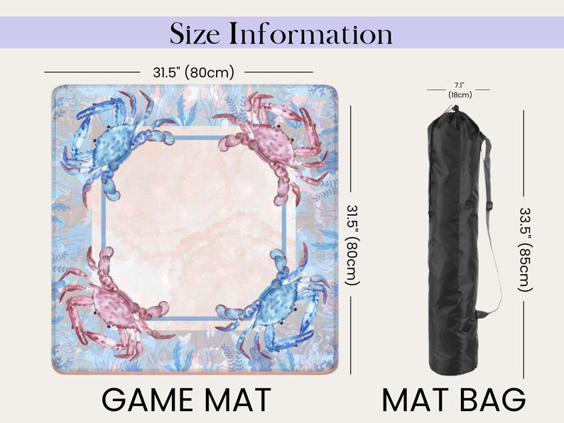 Puede incluir: Un tapete de juego cuadrado con ilustraciones de cangrejos azules y rosas, de 80 cm por lado. Tambi&eacute;n se muestra una bolsa negra para el tapete, de 85 cm de alto. La bolsa mide 18 cm de ancho.