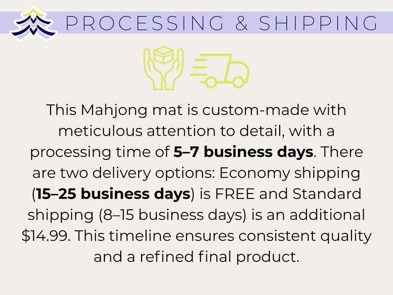 May include: Image with text: "PROCESSING & SHIPPING". The text describes the processing time of a custom-made Mahjong mat, which takes 5-7 business days. Economy shipping takes 15-25 business days, and standard shipping takes 8-15 business days.