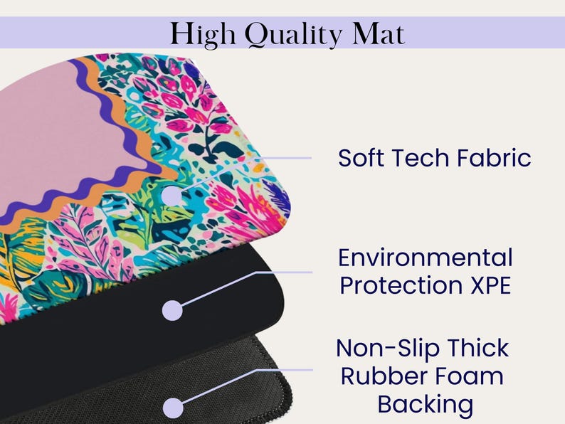 K&ouml;nnte beinhalten: Eine hochwertige Matte mit einem floralen Design in Rosa, Gr&uuml;n und Blau. Die Matte hat ein weiches Tech-Gewebe, Umweltschutz XPE und eine rutschfeste, dicke Schaumstoffr&uuml;cken. Der Text "High Quality Mat" steht oben.