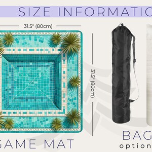 May include: A square game mat with a pool design, measuring 31.5 inches (80cm) on each side. The mat features a turquoise mosaic pool with palm tree accents. A black bag and a white rolled item are shown as options.