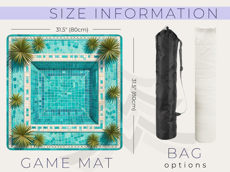 May include: A square game mat with a pool design, measuring 31.5 inches (80cm) on each side. The mat features a turquoise mosaic pool with palm tree accents. A black bag and a white rolled item are shown as options.