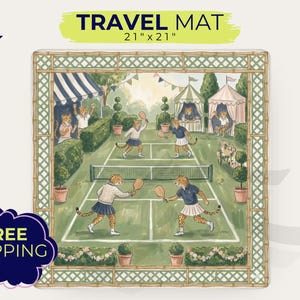 May include: A square travel mat featuring a tennis court scene with cheetahs playing tennis. The mat is 21 x 21 inches and has a bamboo-style border. The words "TRAVEL MAT" are at the top.