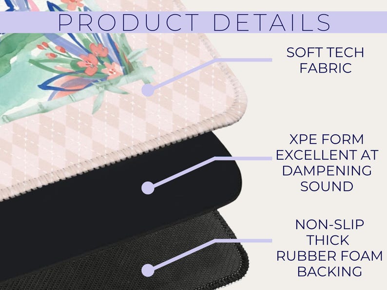 May include: A close-up of a mousepad with a floral design and the words "PRODUCT DETAILS". The mousepad has a soft tech fabric, XPE form for dampening sound, and a non-slip thick rubber foam backing.