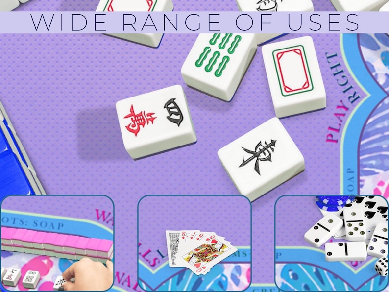 K&ouml;nnte beinhalten: Wei&szlig;e Mahjong-Steine mit schwarzen und roten Symbolen liegen auf einer lila Oberfl&auml;che. Das Bild enth&auml;lt den Text "WIDE RANGE OF USES" und zeigt auch Spielkarten, Dominosteine und andere Spielsteine, was auf ein vielseitiges Spielset hindeutet.
