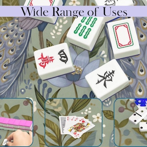 May include: White mahjong tiles with red, green, and black symbols are displayed on a floral patterned surface. The image includes the text "Wide Range of Uses" and also shows playing cards, dominoes, and more mahjong tiles.