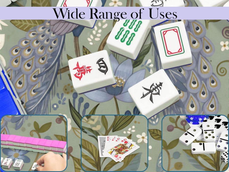 May include: White mahjong tiles with red, green, and black symbols are displayed on a floral patterned surface. The image includes the text "Wide Range of Uses" and also shows playing cards, dominoes, and more mahjong tiles.