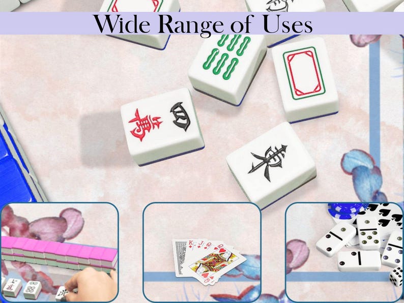 Puede incluir: Azulejos de Mahjong blancos con s&iacute;mbolos rojos y negros esparcidos sobre una superficie con estampado floral. El texto "Wide Range of Uses" est&aacute; en la parte superior. La imagen tambi&eacute;n muestra naipes, domin&oacute;s y otros azulejos de Mahjong.