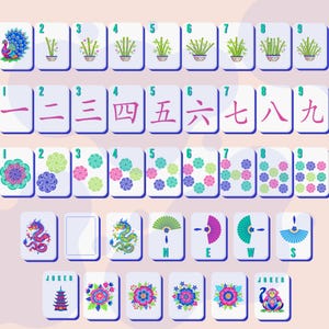 May include: A set of Mahjong tiles with various designs. The tiles feature illustrations of a peacock, bamboo, flowers, and Chinese characters. The set includes tiles with the letters N, E, W, and S, and two joker tiles.