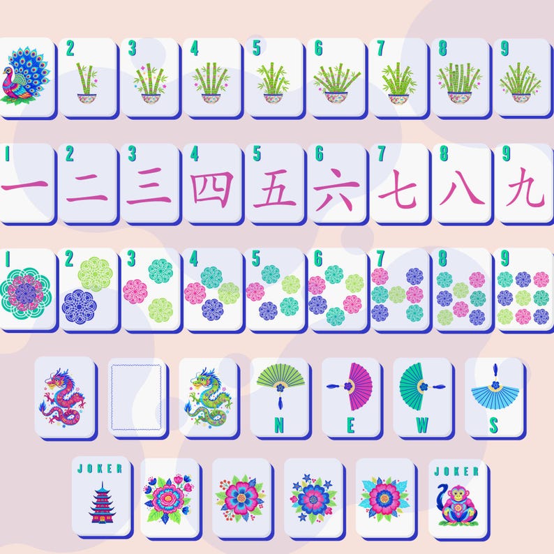 May include: A set of Mahjong tiles with various designs. The tiles feature illustrations of a peacock, bamboo, flowers, and Chinese characters. The set includes tiles with the letters N, E, W, and S, and two joker tiles.