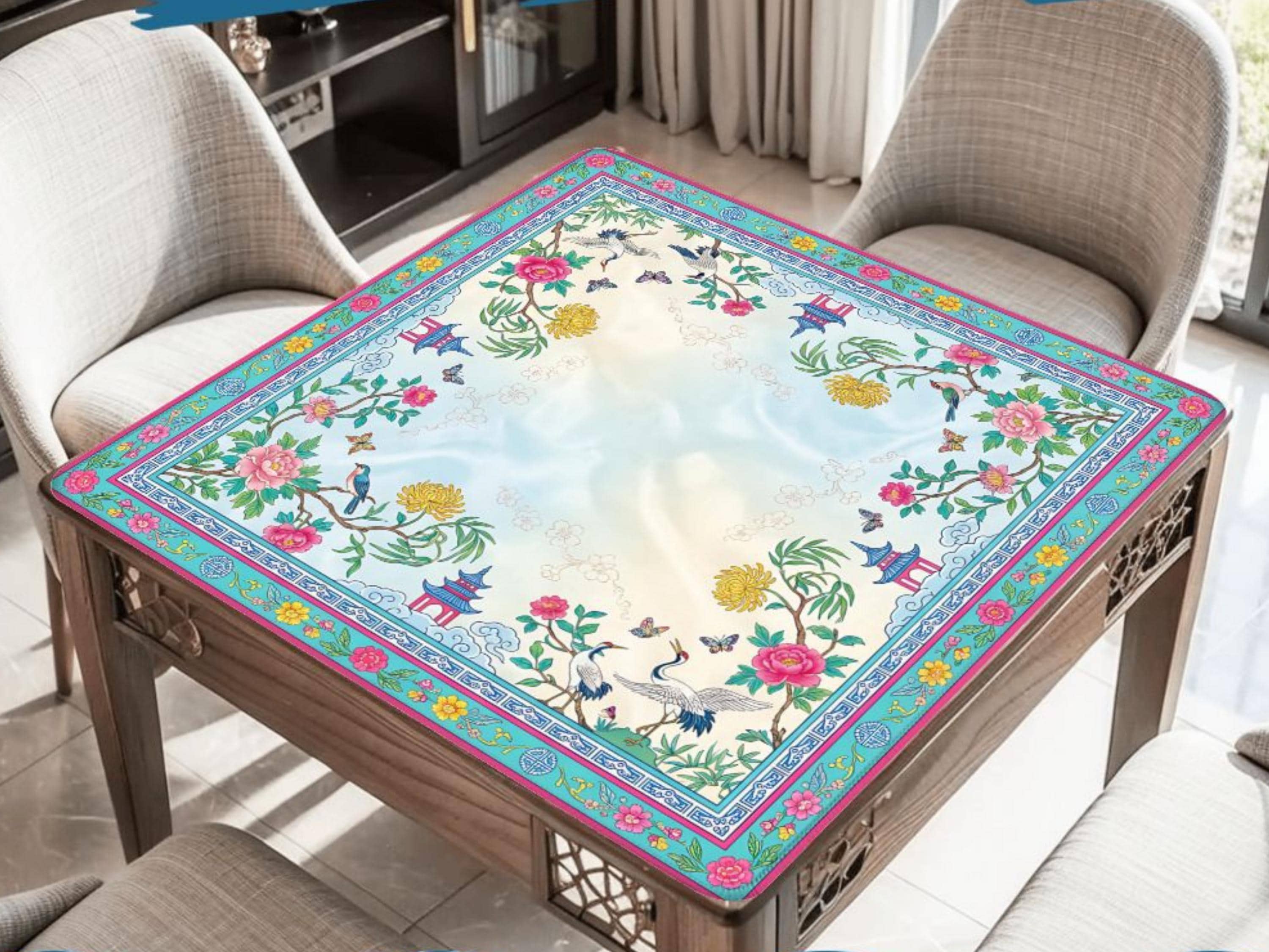 Chinese Garden Mahjong Mat, Crane Floral Mahjong Playing Mat, Colorful ...