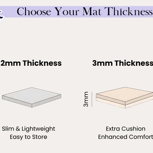 May include: An illustration showing two mat options: 2mm and 3mm thickness. The 2mm mat is slim and lightweight, while the 3mm mat offers extra cushion and enhanced comfort. The image includes the text "Choose Your Mat Thickness."
