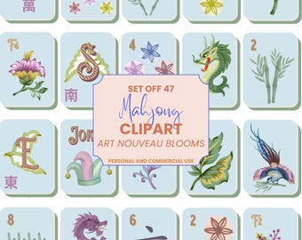 May include: A collection of light blue Mahjong tiles with various illustrations and Chinese characters. The tiles feature floral designs, dragons, and the text "Mahjong CLIPART ART NOUVEAU BLOOMS".