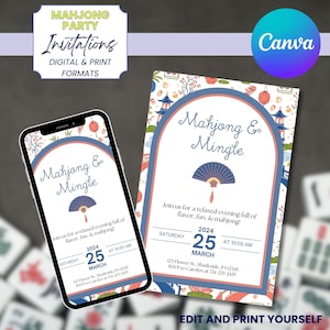 May include: A Mahjong party invitation design, available in digital and print formats. The design includes a fan illustration, the text "Mahjong & Mingle", and event details. Shown on a phone and a printed card.