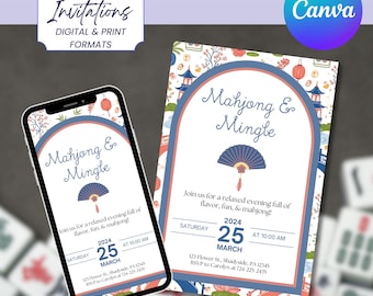 Modello di invito per una festa di Mahjong: invito Canva modificabile per una serata di gioco, invito Mahjong stampabile e digitale