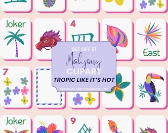 May include: A collection of illustrated Mahjong tiles with tropical designs. The tiles feature various symbols, including dragons, flowers, and a toucan. The text "Mahjong Clipart" and "Tropic Like It's Hot" are also visible.