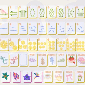 May include: A collection of illustrated Mahjong tiles. The tiles feature various designs, including numbers, Chinese characters, lemons, dragons, and floral motifs. Some tiles have the words "WEST", "SOUTH", "NORTH", "EAST", and "JOKER".
