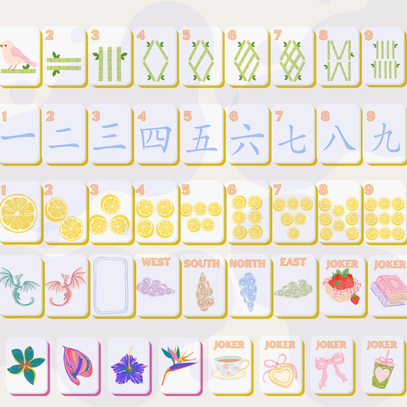 May include: A collection of illustrated Mahjong tiles. The tiles feature various designs, including numbers, Chinese characters, lemons, dragons, and floral motifs. Some tiles have the words "WEST", "SOUTH", "NORTH", "EAST", and "JOKER".