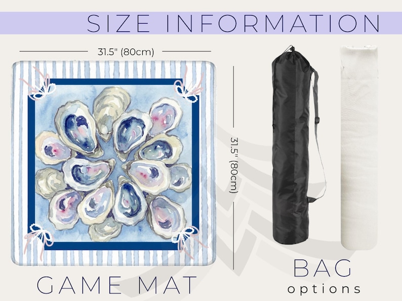 May include: A game mat with a watercolor design of oysters, measuring 31.5 inches (80cm) square. The mat has a blue and white striped border and a navy blue frame around the oyster design. The words "GAME MAT" are at the bottom.