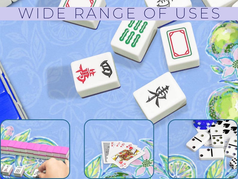 May include: White Mahjong tiles with red and black symbols are scattered on a light blue floral patterned surface. The text "WIDE RANGE OF USES" is at the top. The image also shows playing cards, dominoes, and more Mahjong tiles.