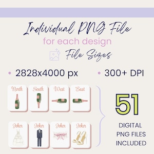 May include: Digital PNG file with 51 designs, including champagne bottles and wedding-themed illustrations. The image includes the text "Individual PNG File" and "Digital PNG Files Included". The file size is 2828x4000 px at 300+ DPI.