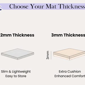 May include: An illustration showing two mat options: 2mm and 3mm thickness. The 2mm mat is slim and lightweight, while the 3mm mat offers extra cushion and enhanced comfort. The image includes the text "Choose Your Mat Thickness".