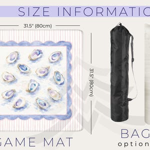 May include: A square game mat with a watercolor design of oysters, measuring 31.5 inches (80cm) on each side. The mat has a blue scalloped border and a striped background. A black bag and a white roll are also shown.