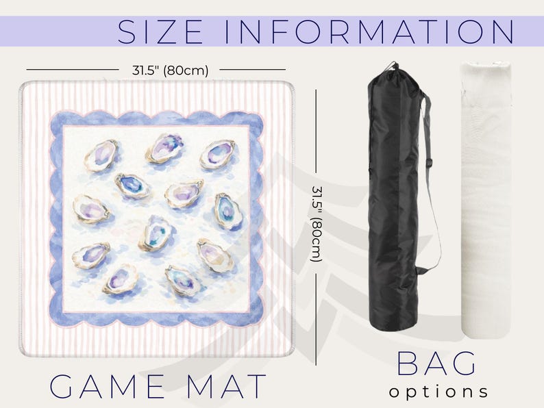 May include: A square game mat with a watercolor design of oysters, measuring 31.5 inches (80cm) on each side. The mat has a blue scalloped border and a striped background. A black bag and a white roll are also shown.